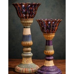 Tracy Porter Candle Holders Set 2 Boho Eclectic Hand Painted Pillar Stands 13” &